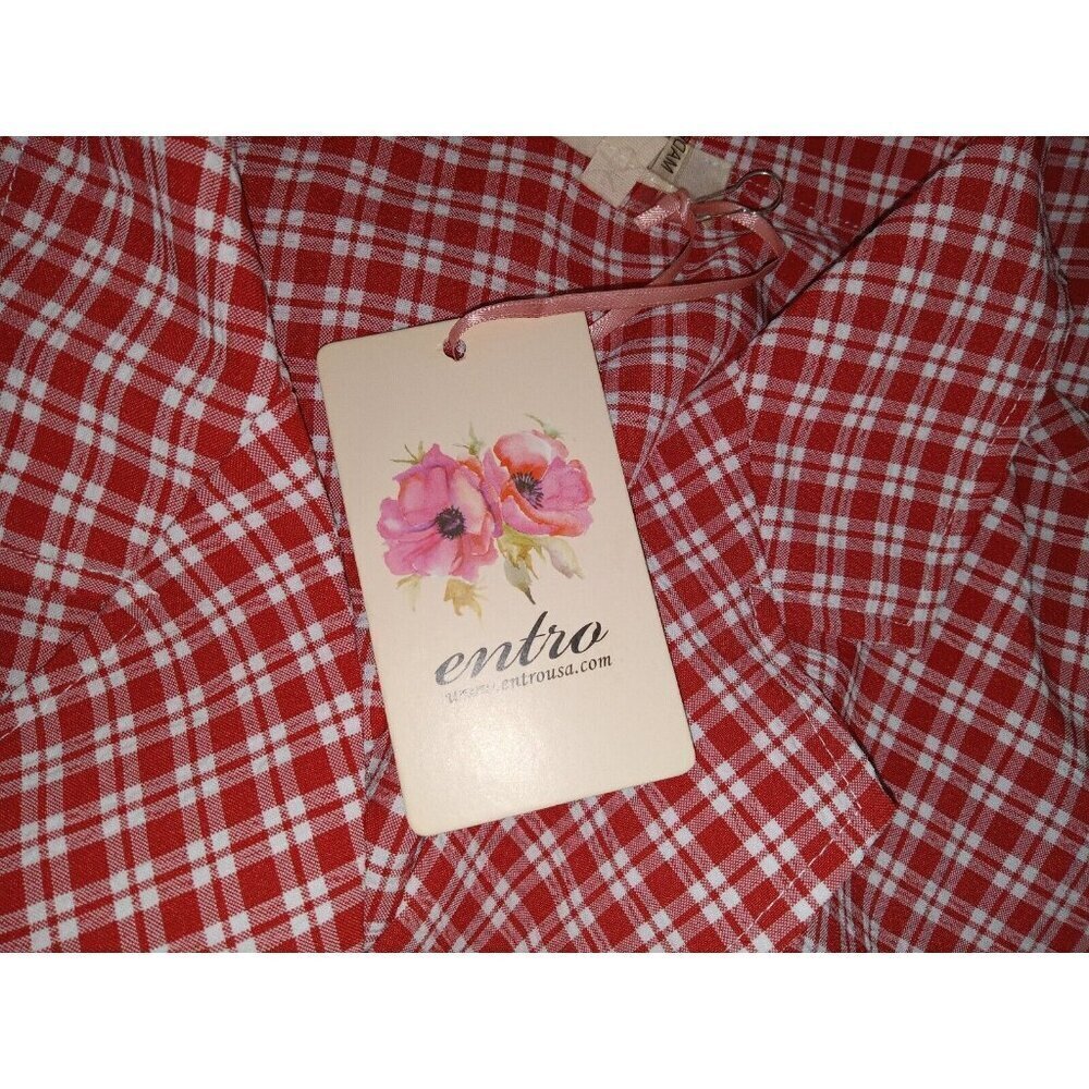 Entro Womens Romper Red Short Sleeve Surplice V-NECK Plaid Belted Woven S NWT - Picture 6 of 14